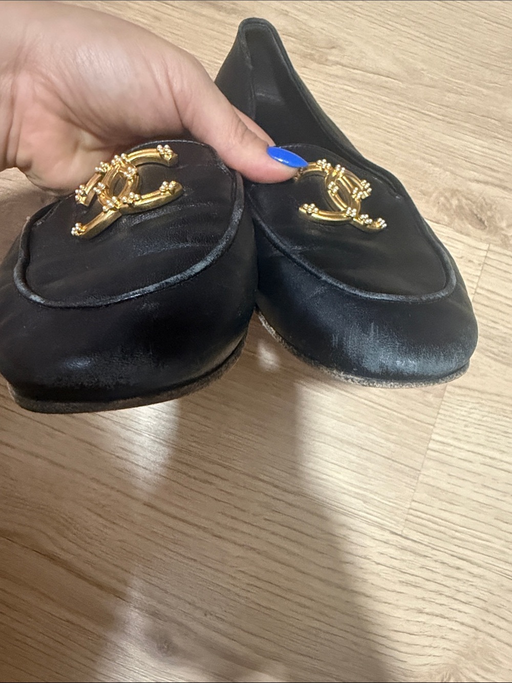 CHANEL Black Leather Loafers with Gold CC Logo - Picture 3 of 4